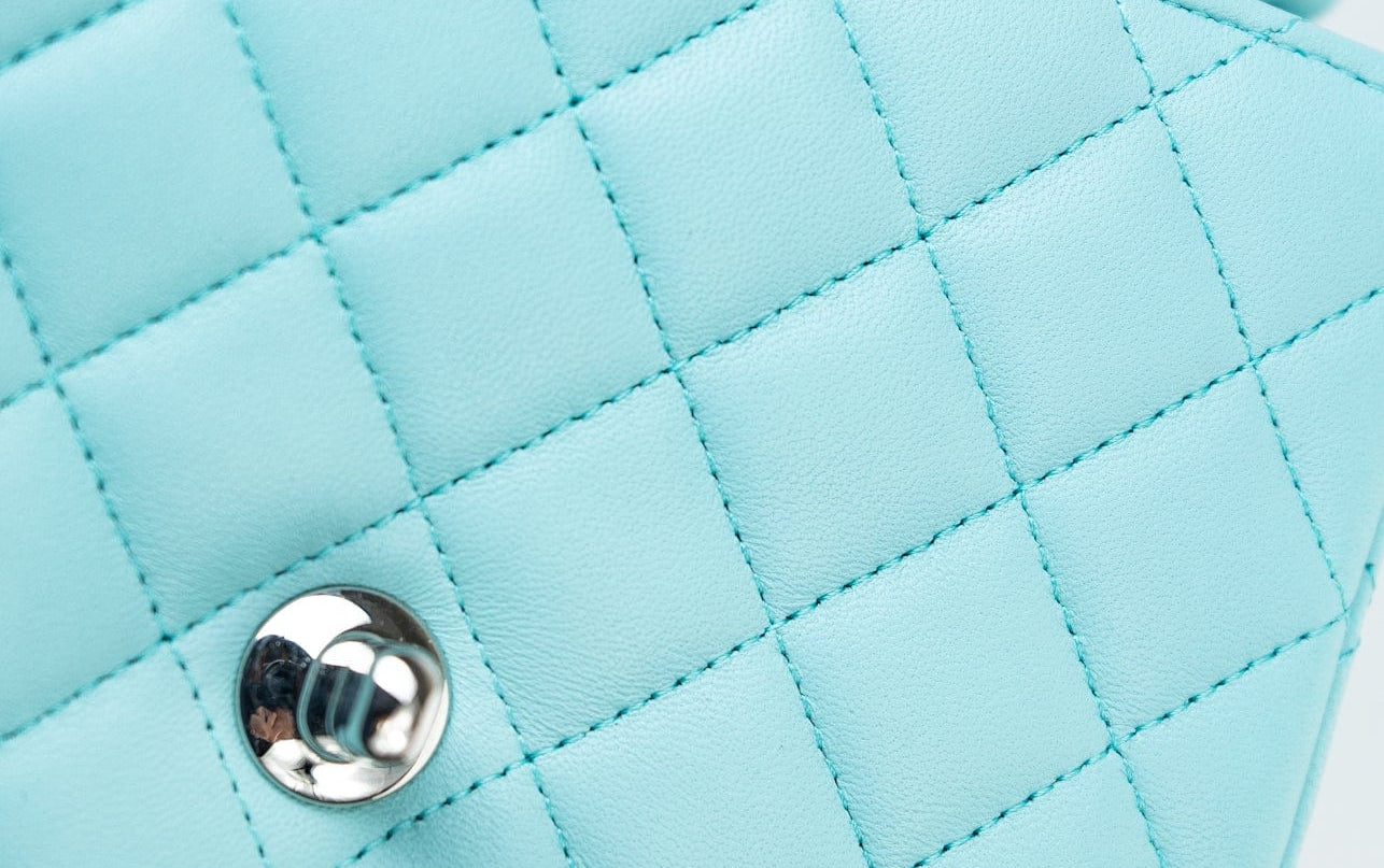 CHANEL Handbag 19c Tiffany Blue Lambskin Quilted Mini Square Single Flap Silver Hardware - Redeluxe
