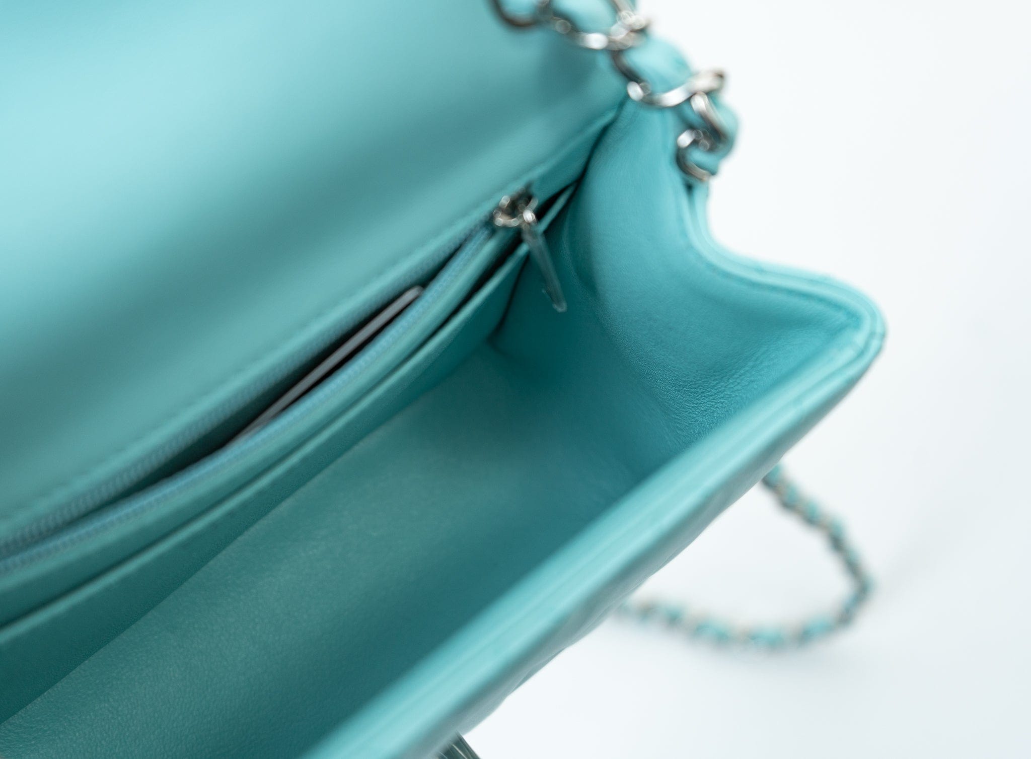 CHANEL Handbag 19c Tiffany Blue Lambskin Quilted Mini Square Single Flap Silver Hardware - Redeluxe