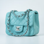 CHANEL Handbag 19c Tiffany Blue Lambskin Quilted Mini Square Single Flap Silver Hardware - Redeluxe