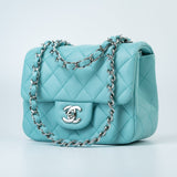 CHANEL Handbag 19c Tiffany Blue Lambskin Quilted Mini Square Single Flap Silver Hardware - Redeluxe