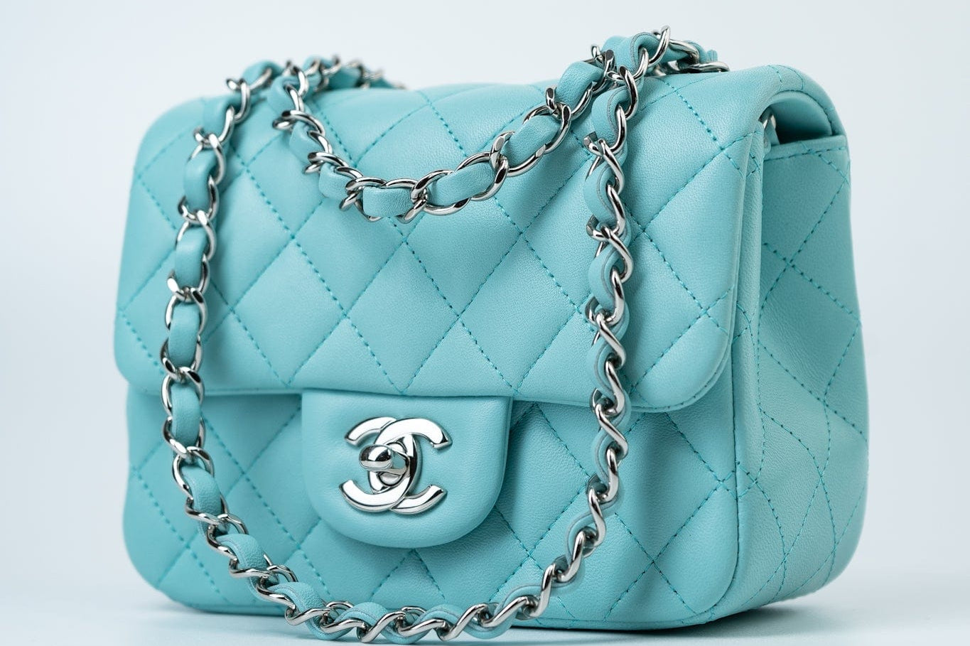 CHANEL Handbag 19c Tiffany Blue Lambskin Quilted Mini Square Single Flap Silver Hardware - Redeluxe