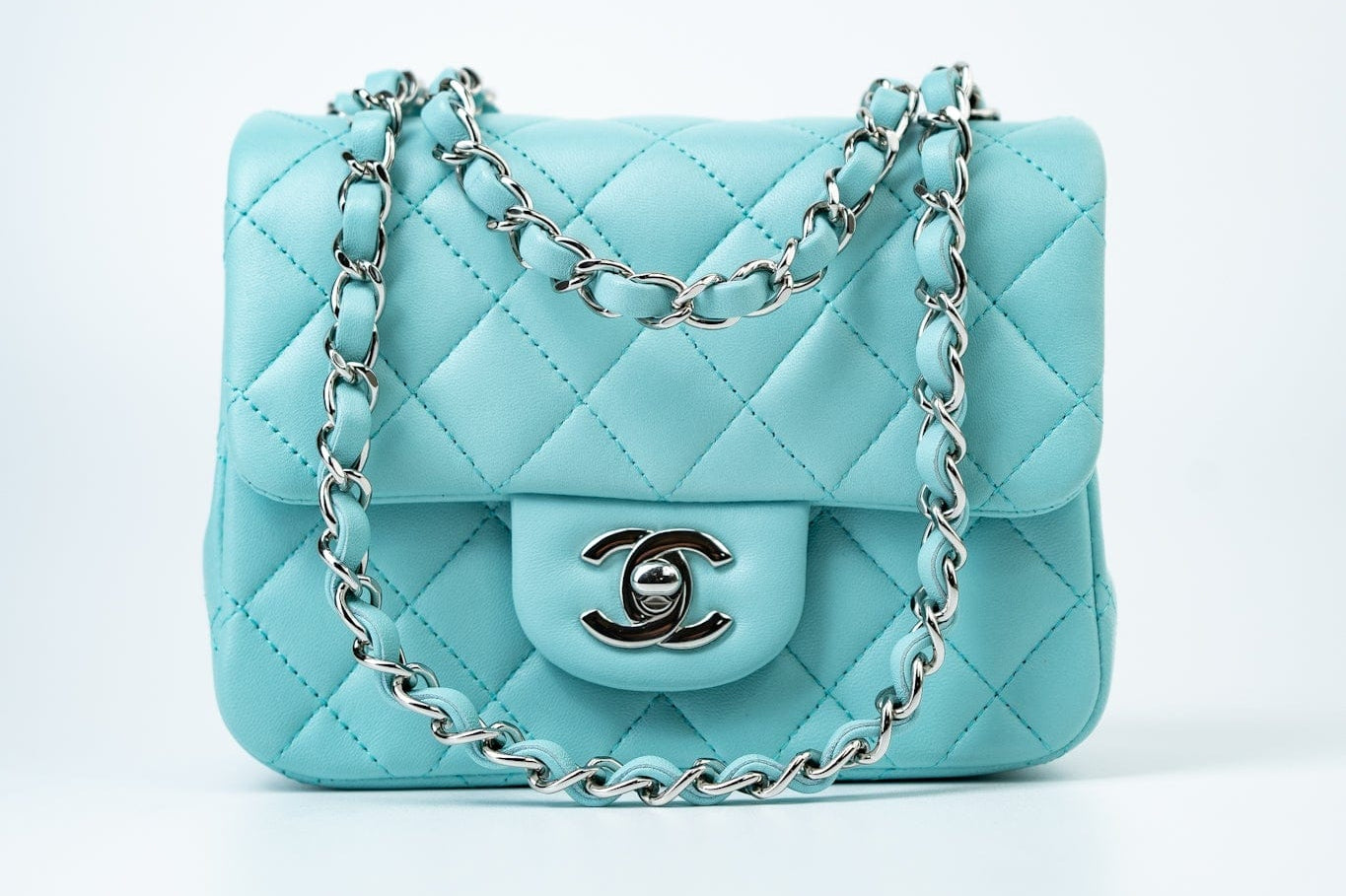 CHANEL Handbag 19c Tiffany Blue Lambskin Quilted Mini Square Single Flap Silver Hardware - Redeluxe