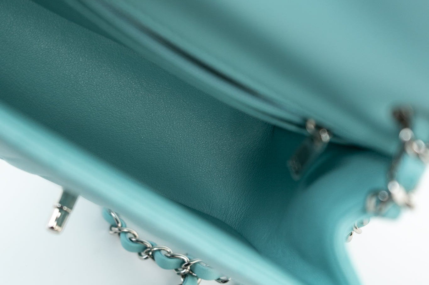 CHANEL Handbag 19c Tiffany Blue Lambskin Quilted Mini Square Single Flap Silver Hardware - Redeluxe