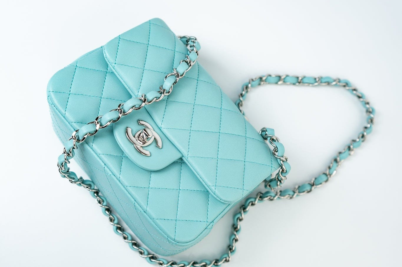 CHANEL Handbag 19c Tiffany Blue Lambskin Quilted Mini Square Single Flap Silver Hardware - Redeluxe