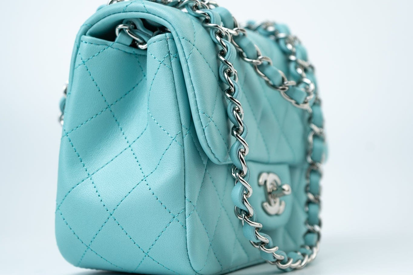 CHANEL Handbag 19c Tiffany Blue Lambskin Quilted Mini Square Single Flap Silver Hardware - Redeluxe