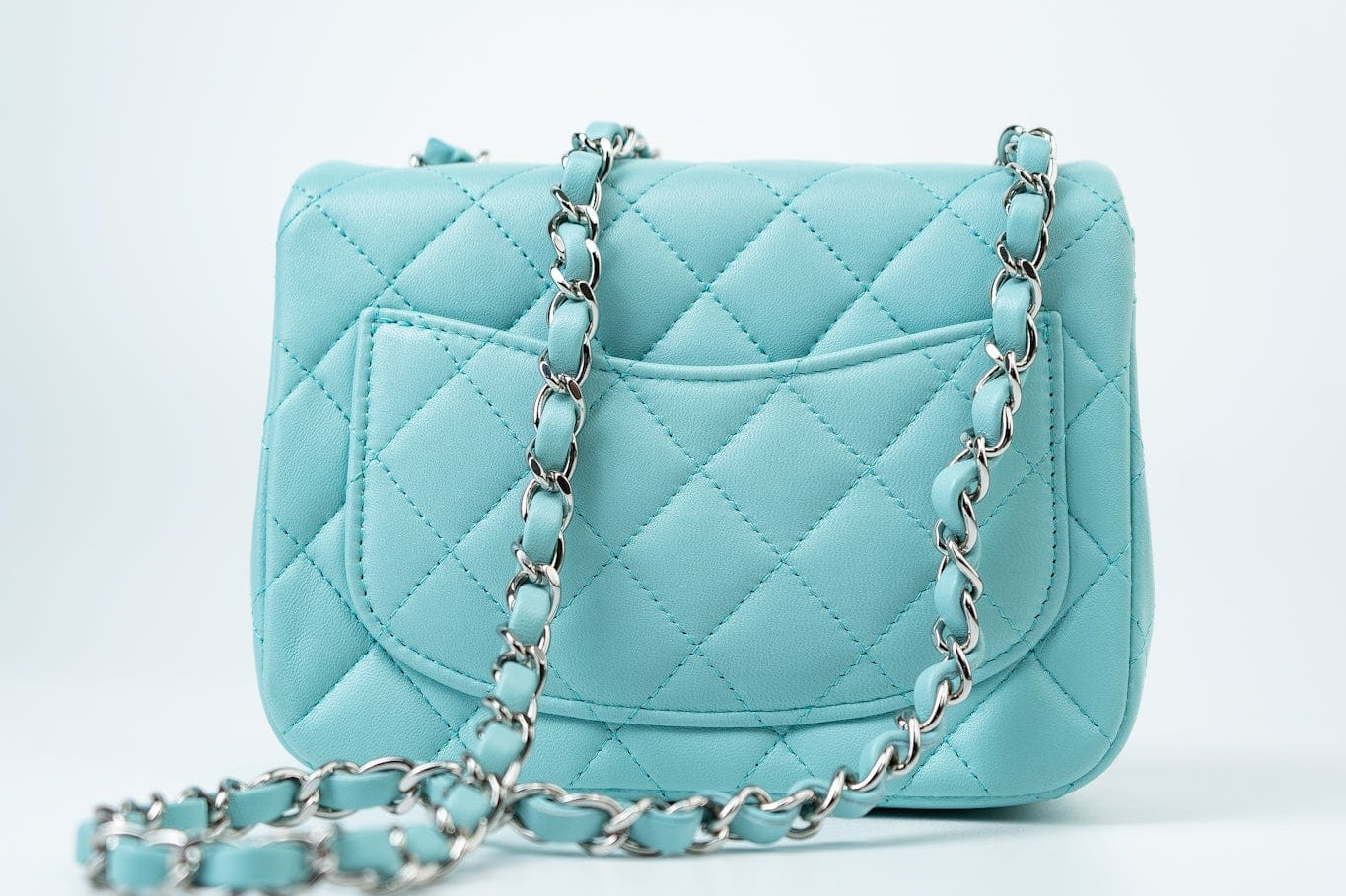 CHANEL Handbag 19c Tiffany Blue Lambskin Quilted Mini Square Single Flap Silver Hardware - Redeluxe