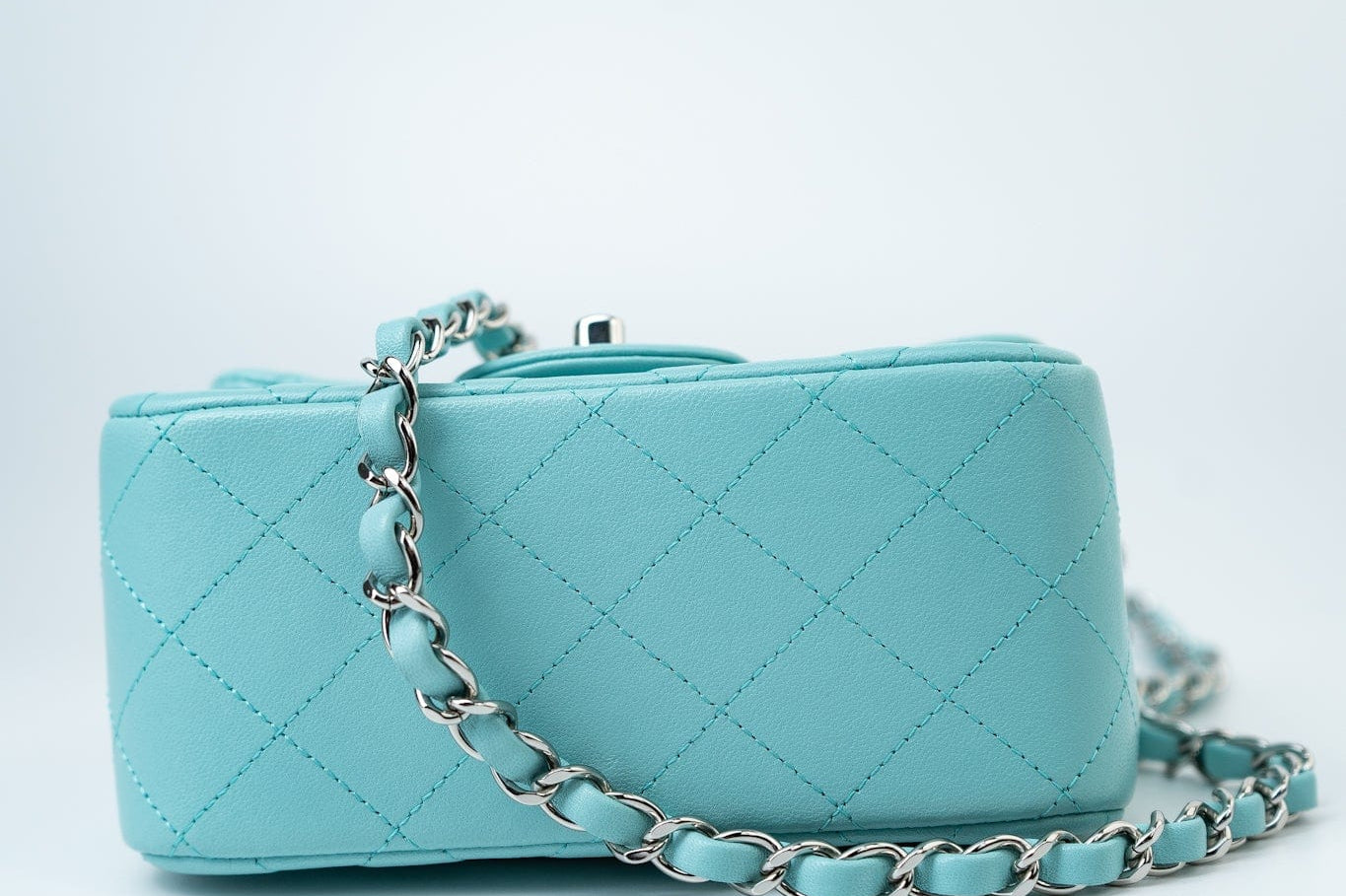 CHANEL Handbag 19c Tiffany Blue Lambskin Quilted Mini Square Single Flap Silver Hardware - Redeluxe