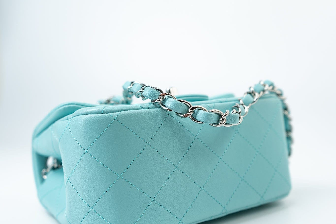 CHANEL Handbag 19c Tiffany Blue Lambskin Quilted Mini Square Single Flap Silver Hardware - Redeluxe