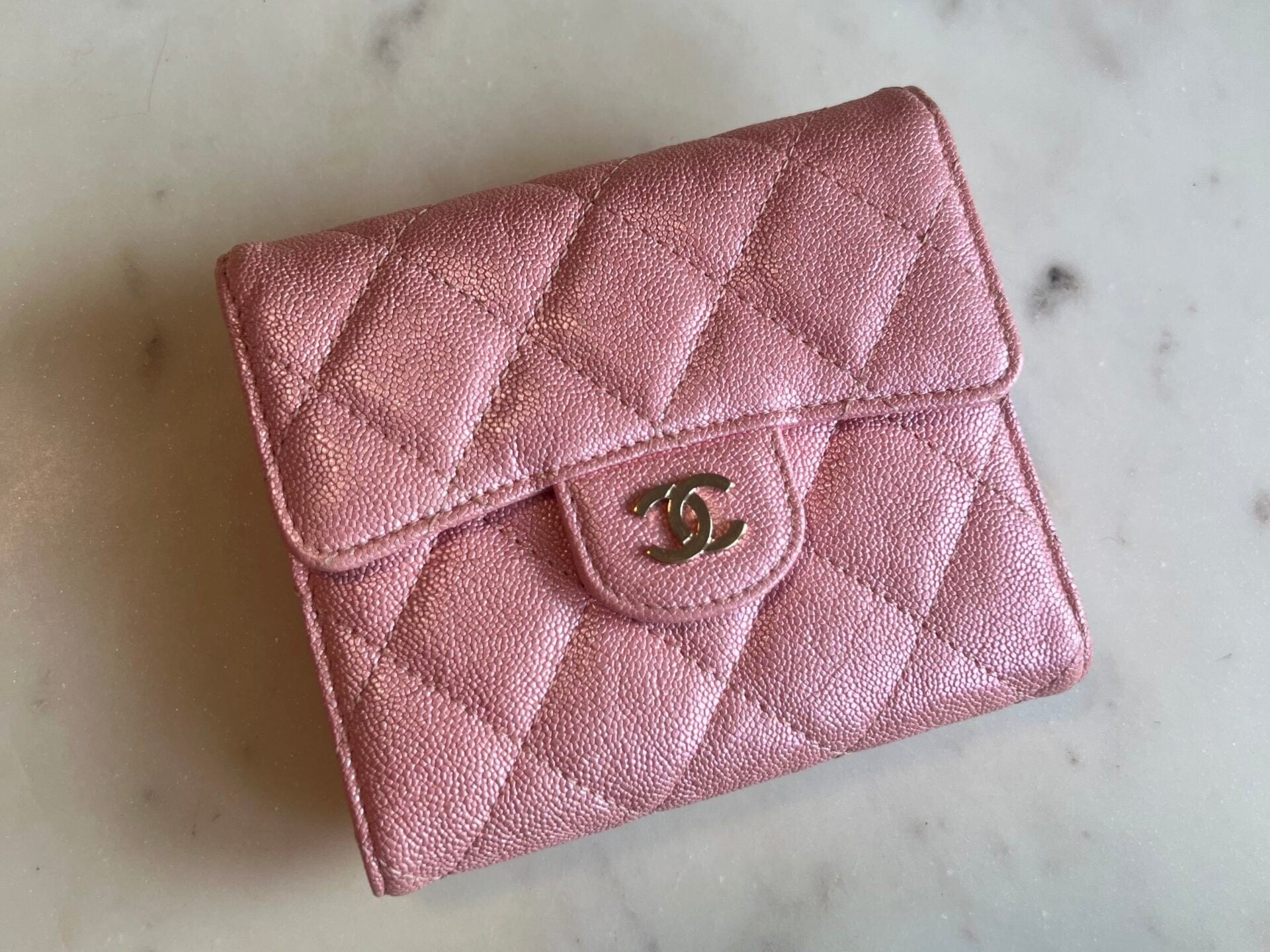 CHANEL Handbag 19S Pink Iridescent Caviar Quilted Flap Wallet - Redeluxe