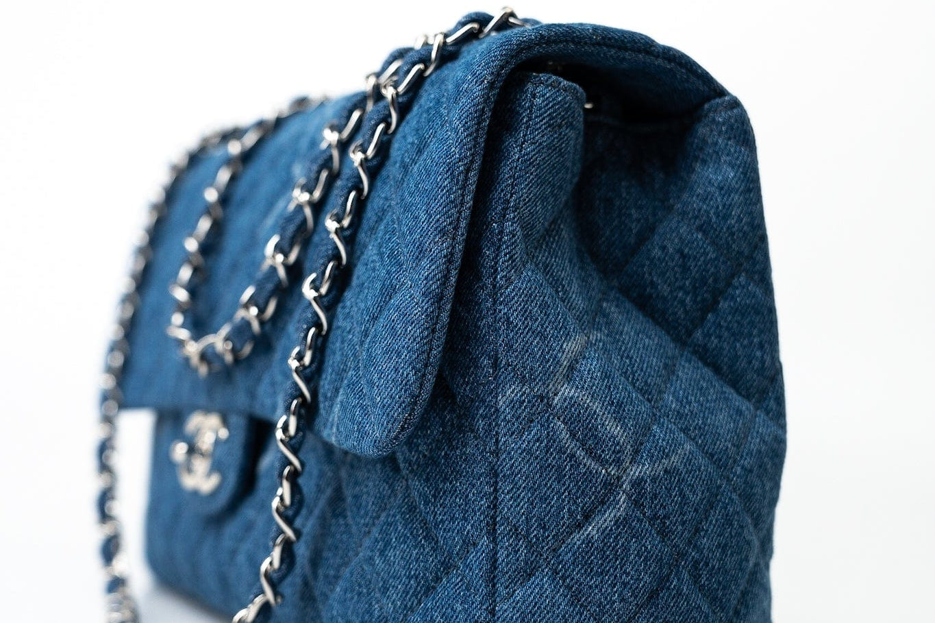 CHANEL Handbag 20B Blue Denim Quilted CC Classic Flap Jumbo SHW - Redeluxe
