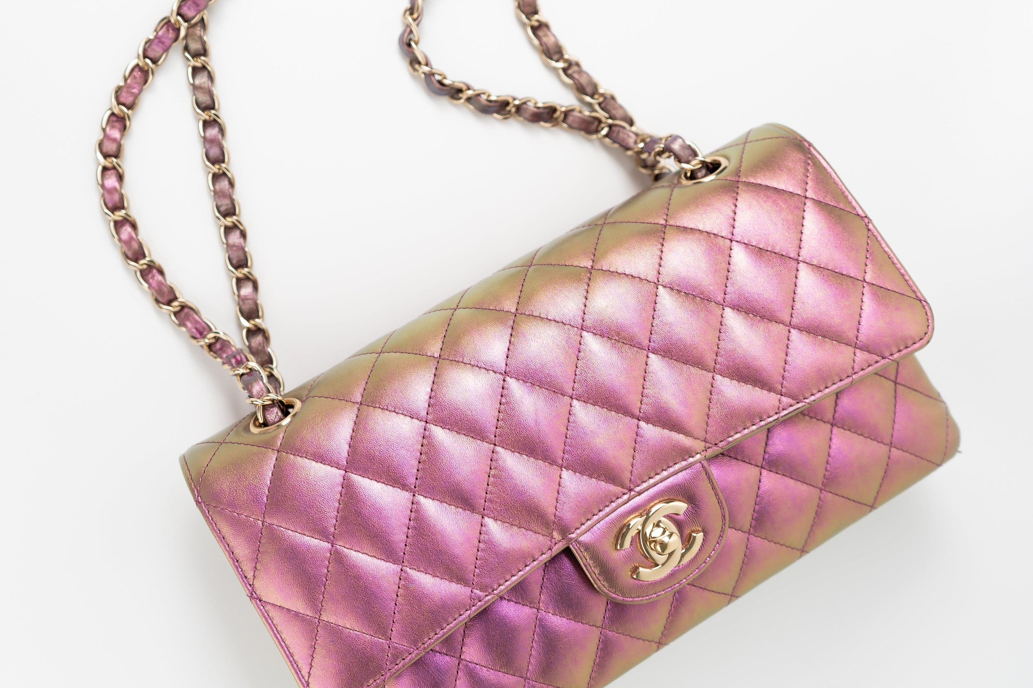 CHANEL Handbag 20B Purple Iridescent Lambskin Quilted Classic Flap Medium w/ Edge Stitching - Redeluxe