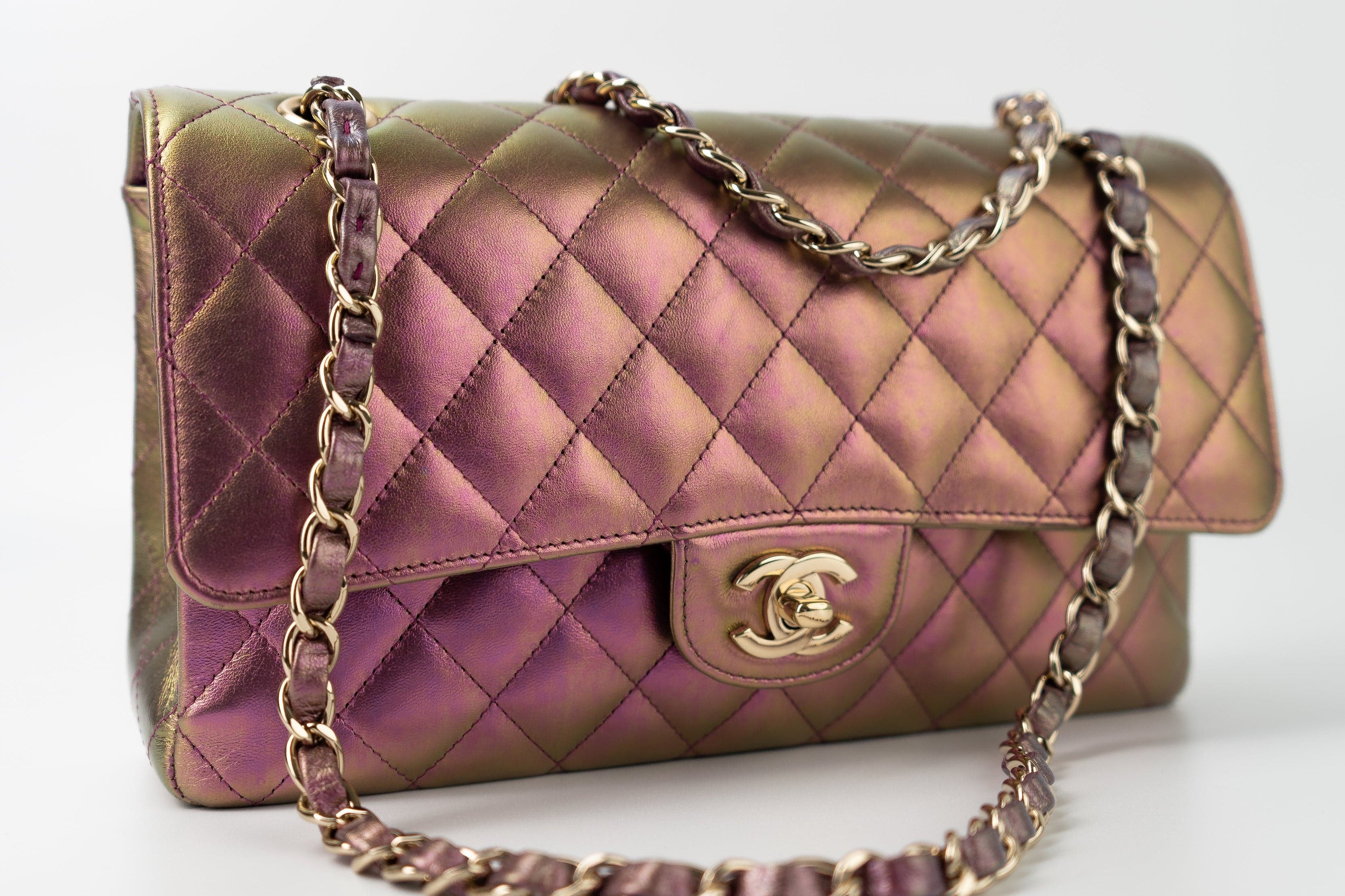 CHANEL Handbag 20B Purple Iridescent Lambskin Quilted Classic Flap Medium w/ Edge Stitching - Redeluxe