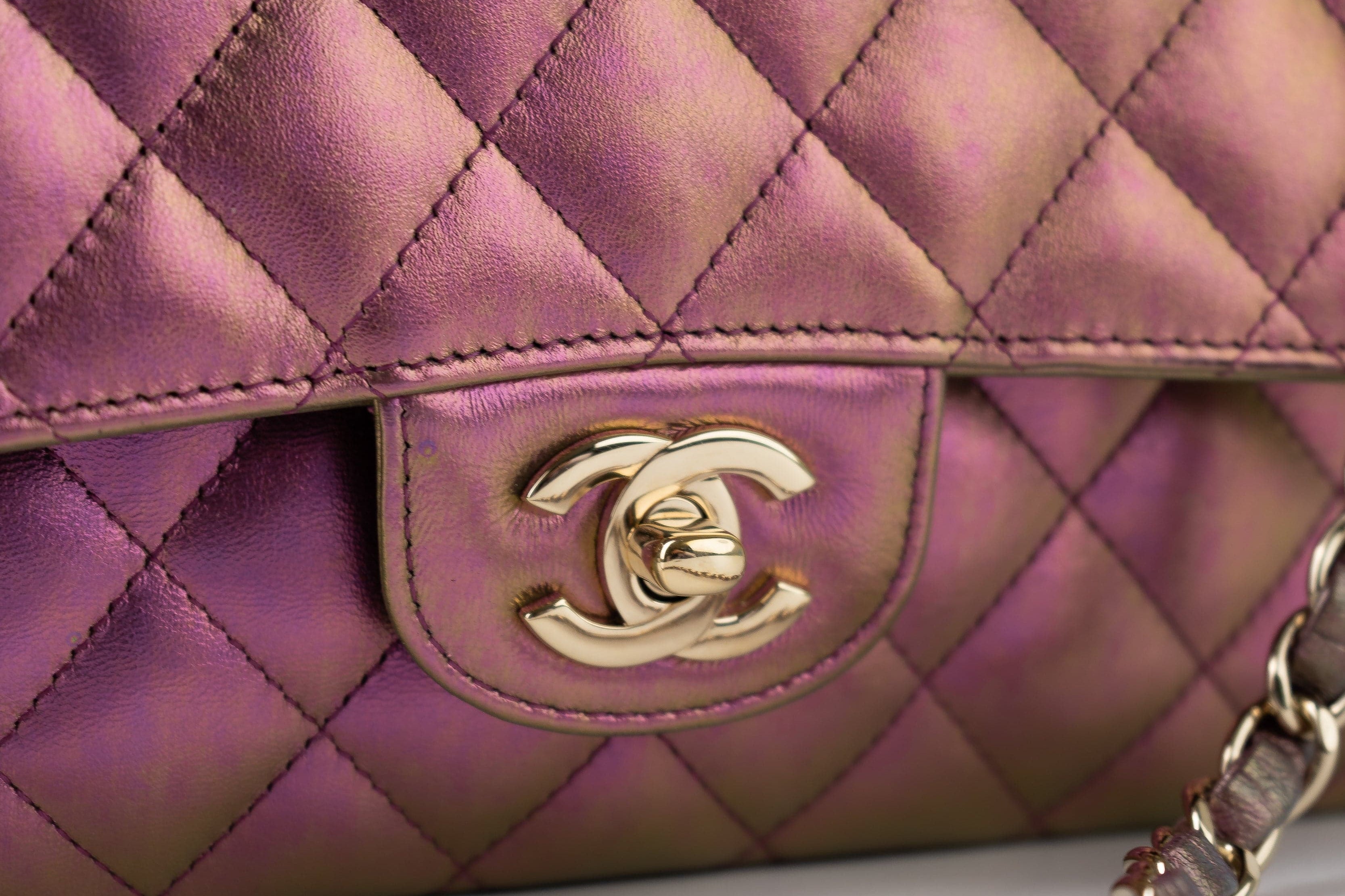 CHANEL Handbag 20B Purple Iridescent Lambskin Quilted Classic Flap Medium w/ Edge Stitching - Redeluxe