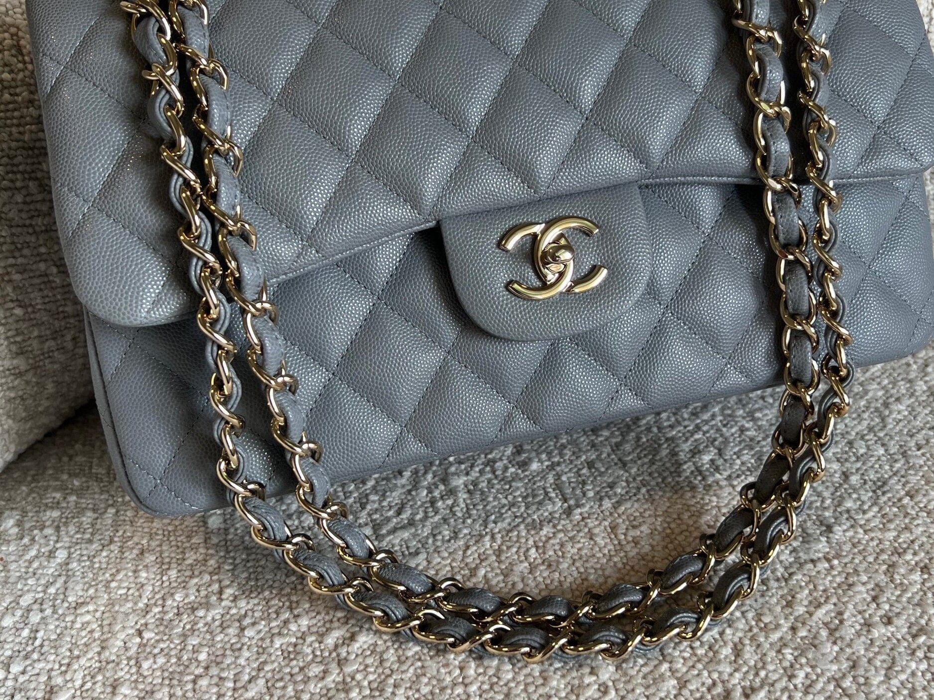CHANEL Handbag 20C Grey Caviar Quilted Jumbo Classic Flap LGHW - Redeluxe