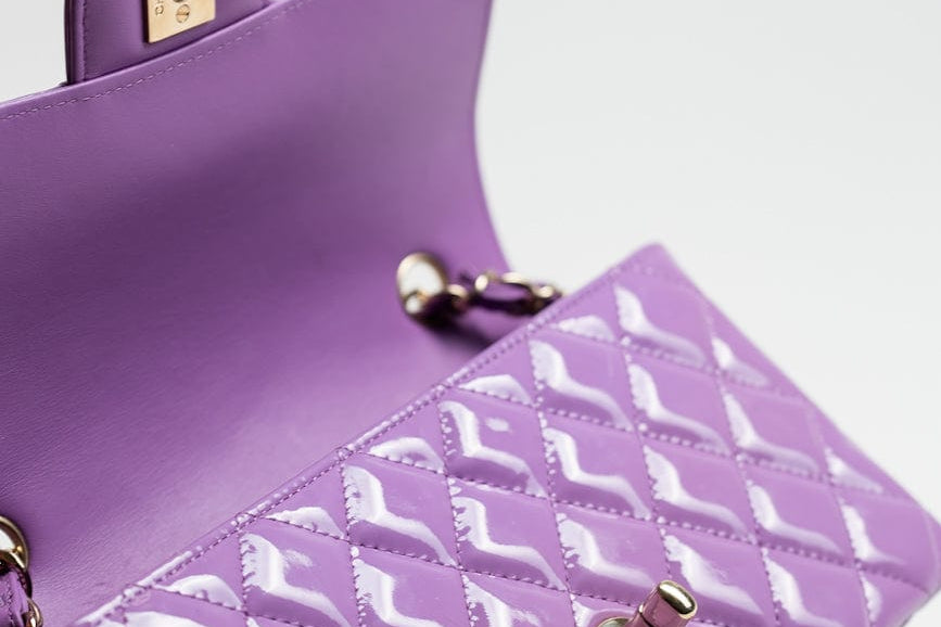CHANEL Handbag 20C Purple Patent Quilted Mini Rectangular Flap LGHW - Redeluxe