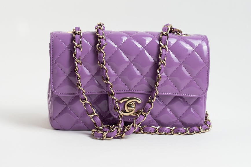 CHANEL Handbag 20C Purple Patent Quilted Mini Rectangular Flap LGHW - Redeluxe