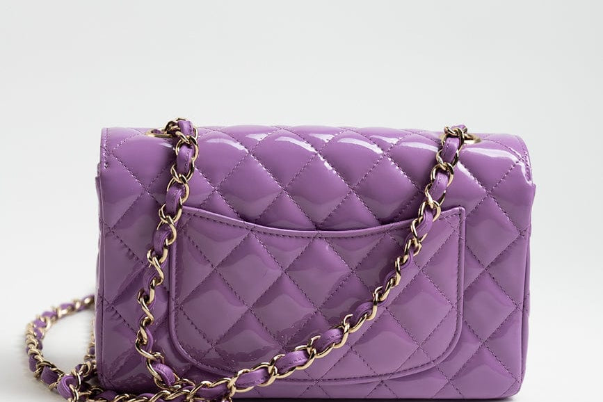 CHANEL Handbag 20C Purple Patent Quilted Mini Rectangular Flap LGHW - Redeluxe