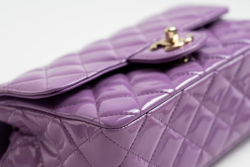 CHANEL Handbag 20C Purple Patent Quilted Mini Rectangular Flap LGHW - Redeluxe