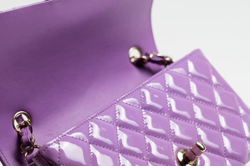 CHANEL Handbag 20C Purple Patent Quilted Mini Rectangular Flap LGHW - Redeluxe
