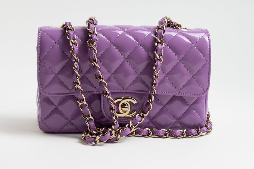 CHANEL Handbag 20C Purple Patent Quilted Mini Rectangular Flap LGHW - Redeluxe