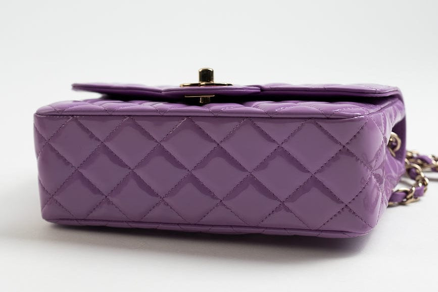 CHANEL Handbag 20C Purple Patent Quilted Mini Rectangular Flap LGHW - Redeluxe