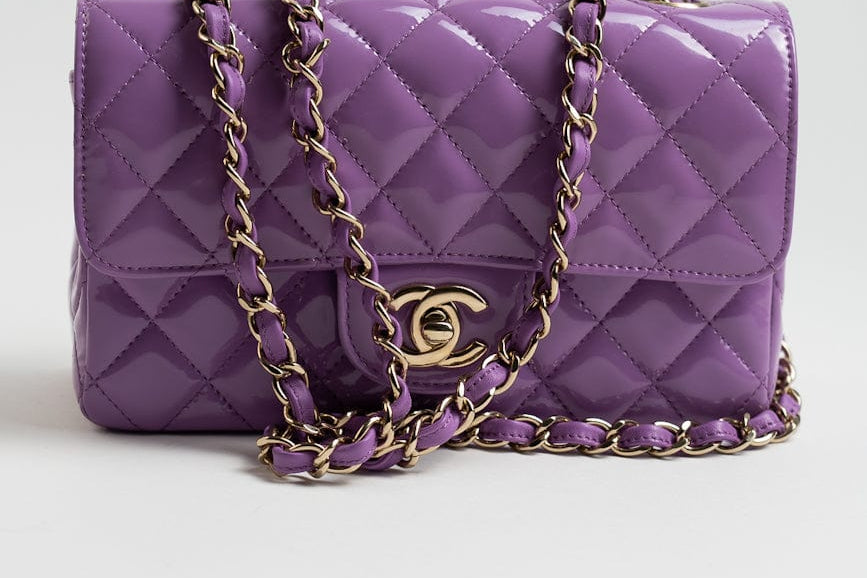 CHANEL Handbag 20C Purple Patent Quilted Mini Rectangular Flap LGHW - Redeluxe