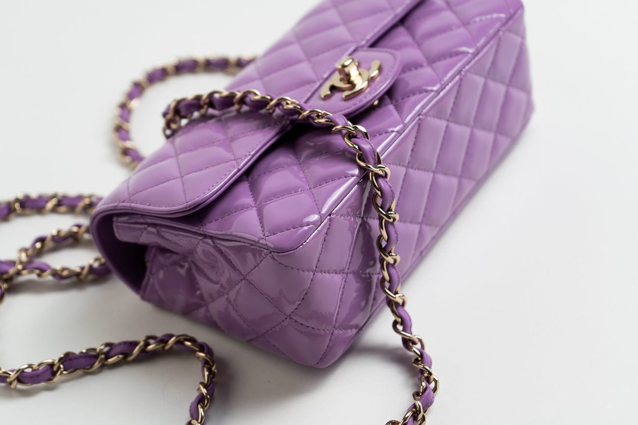 CHANEL Handbag 20C Purple Patent Quilted Mini Rectangular Flap LGHW - Redeluxe