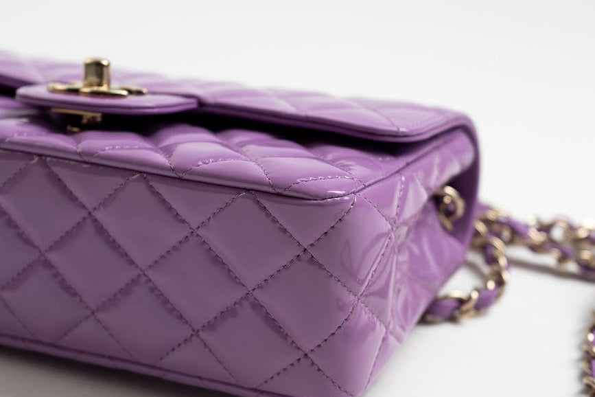 CHANEL Handbag 20C Purple Patent Quilted Mini Rectangular Flap LGHW - Redeluxe