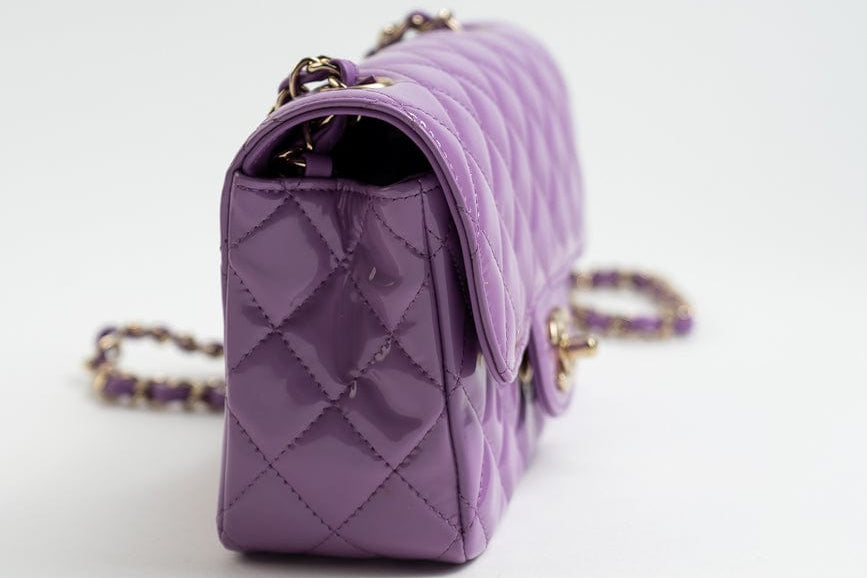 CHANEL Handbag 20C Purple Patent Quilted Mini Rectangular Flap LGHW - Redeluxe