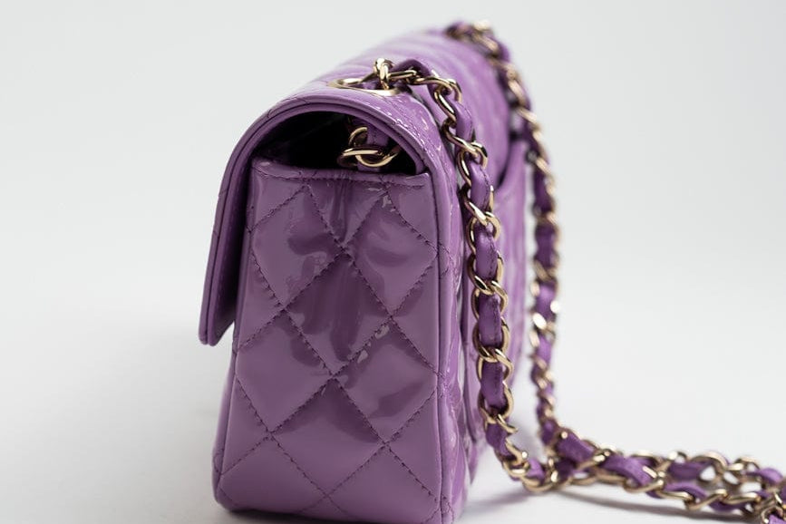 CHANEL Handbag 20C Purple Patent Quilted Mini Rectangular Flap LGHW - Redeluxe