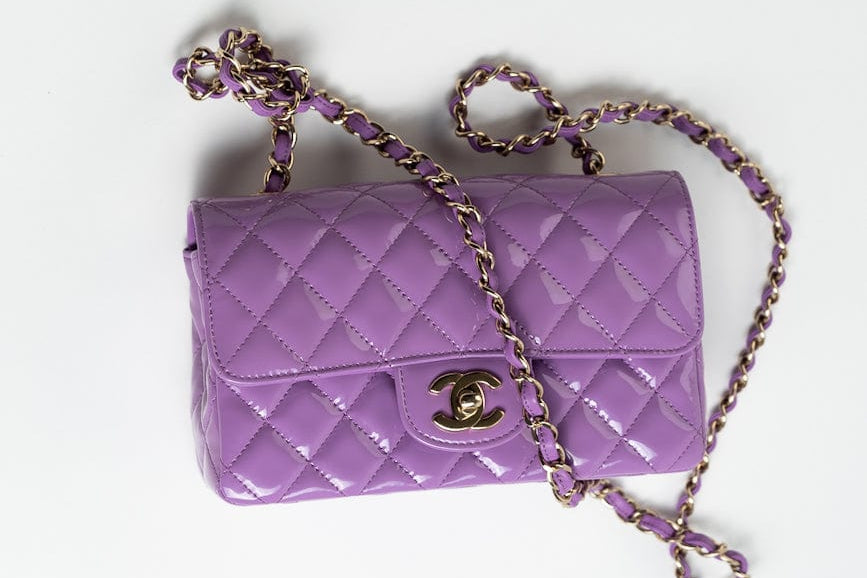 CHANEL Handbag 20C Purple Patent Quilted Mini Rectangular Flap LGHW - Redeluxe