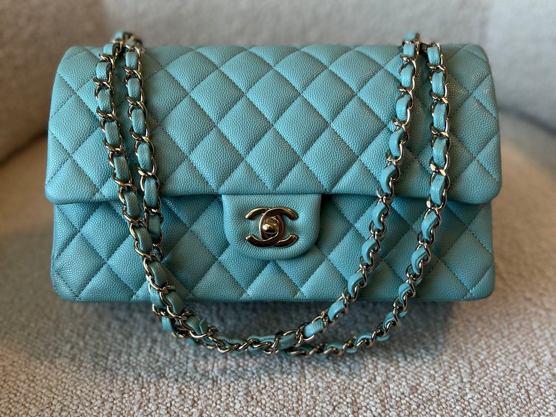 CHANEL Handbag 20C Tiffany Blue Caviar Quilted Classic Double Flap Medium Light Gold Hardware - Redeluxe