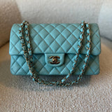 CHANEL Handbag 20C Tiffany Blue Caviar Quilted Classic Double Flap Medium Light Gold Hardware - Redeluxe