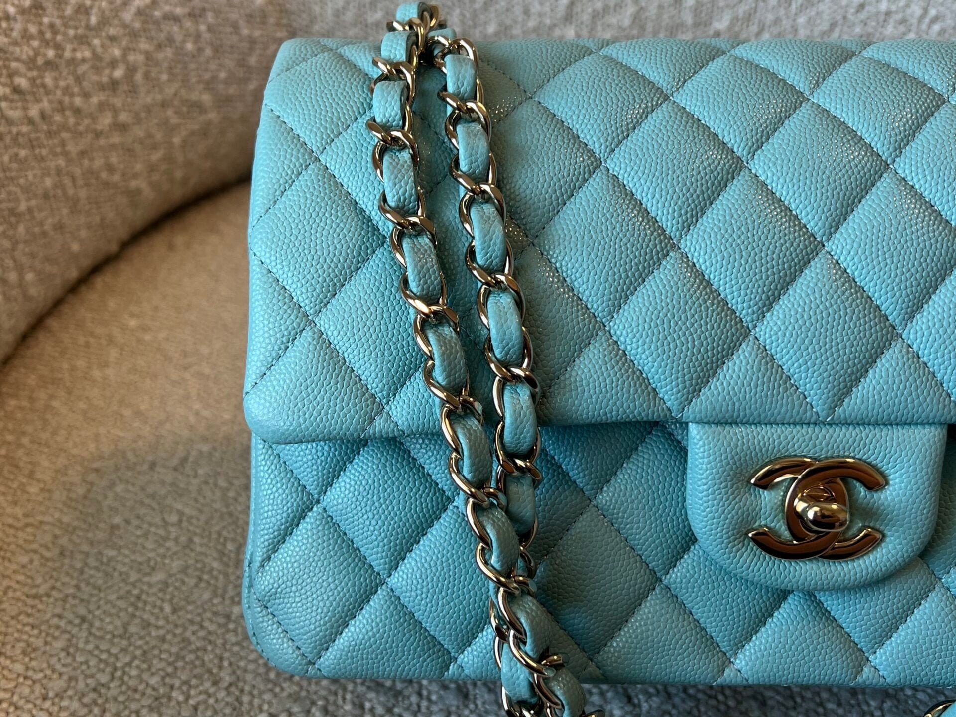 CHANEL Handbag 20C Tiffany Blue Caviar Quilted Classic Double Flap Medium Light Gold Hardware - Redeluxe