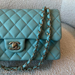 CHANEL Handbag 20C Tiffany Blue Caviar Quilted Classic Double Flap Medium Light Gold Hardware - Redeluxe
