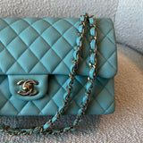 CHANEL Handbag 20C Tiffany Blue Caviar Quilted Classic Double Flap Medium Light Gold Hardware - Redeluxe
