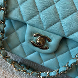 CHANEL Handbag 20C Tiffany Blue Caviar Quilted Classic Double Flap Medium Light Gold Hardware - Redeluxe
