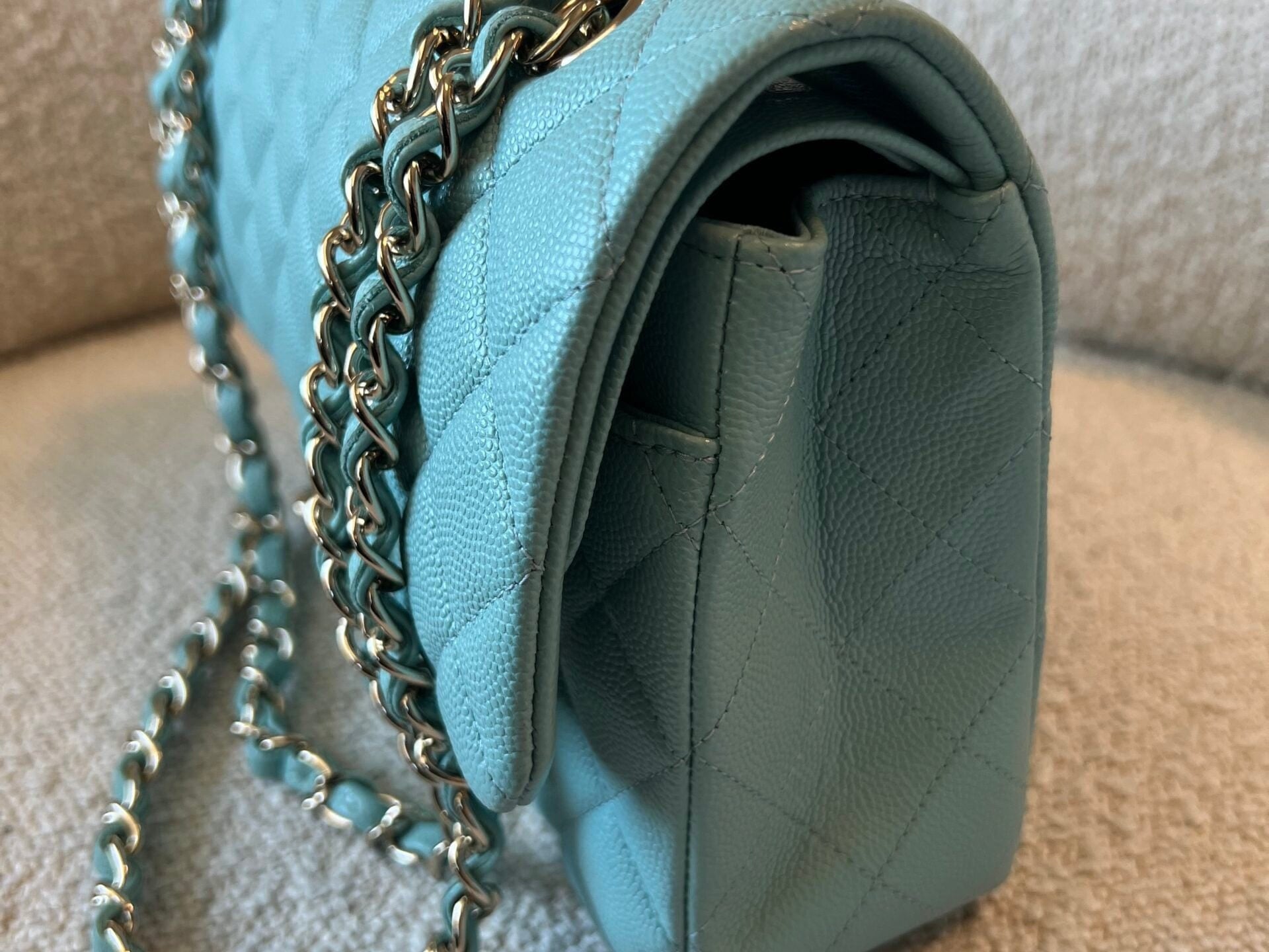CHANEL Handbag 20C Tiffany Blue Caviar Quilted Classic Double Flap Medium Light Gold Hardware - Redeluxe