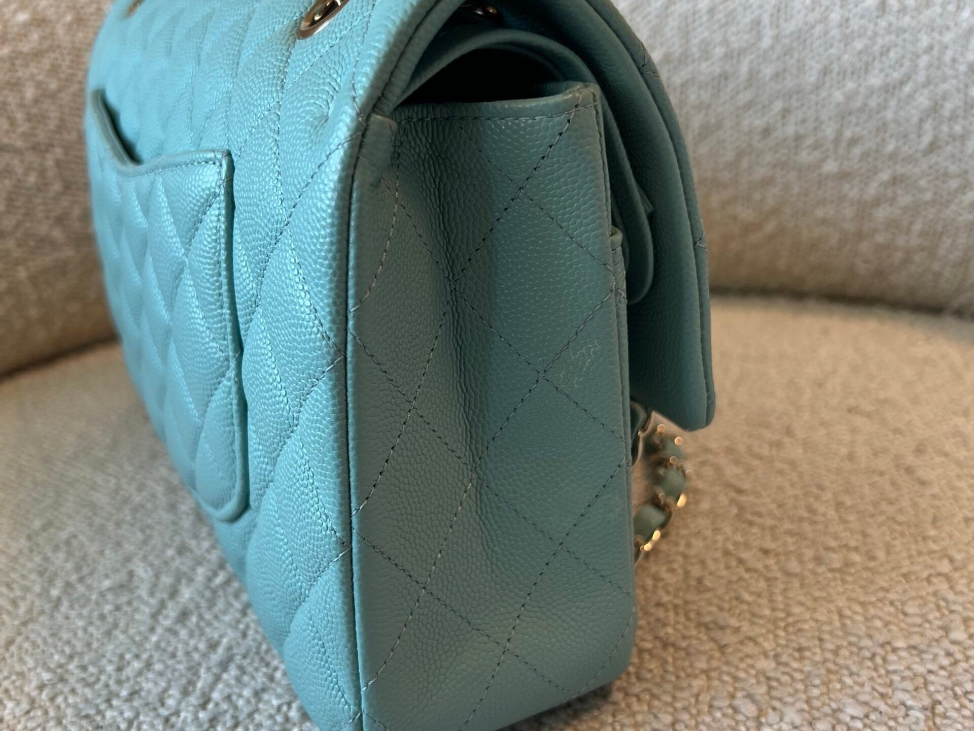 CHANEL Handbag 20C Tiffany Blue Caviar Quilted Classic Double Flap Medium Light Gold Hardware - Redeluxe