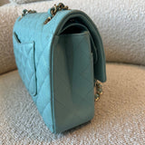 CHANEL Handbag 20C Tiffany Blue Caviar Quilted Classic Double Flap Medium Light Gold Hardware - Redeluxe