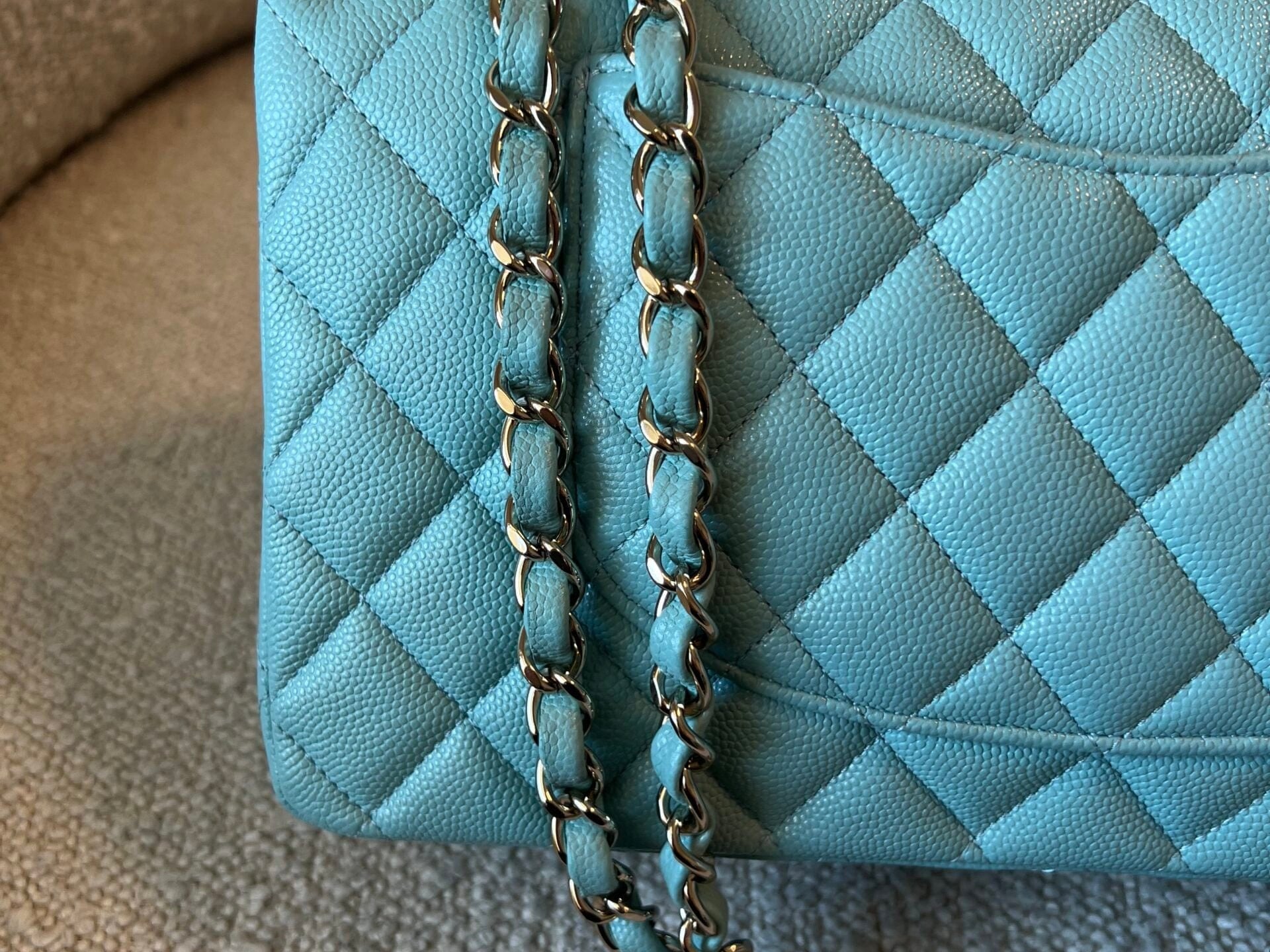 CHANEL Handbag 20C Tiffany Blue Caviar Quilted Classic Double Flap Medium Light Gold Hardware - Redeluxe