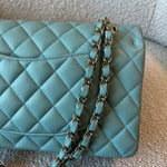 CHANEL Handbag 20C Tiffany Blue Caviar Quilted Classic Double Flap Medium Light Gold Hardware - Redeluxe