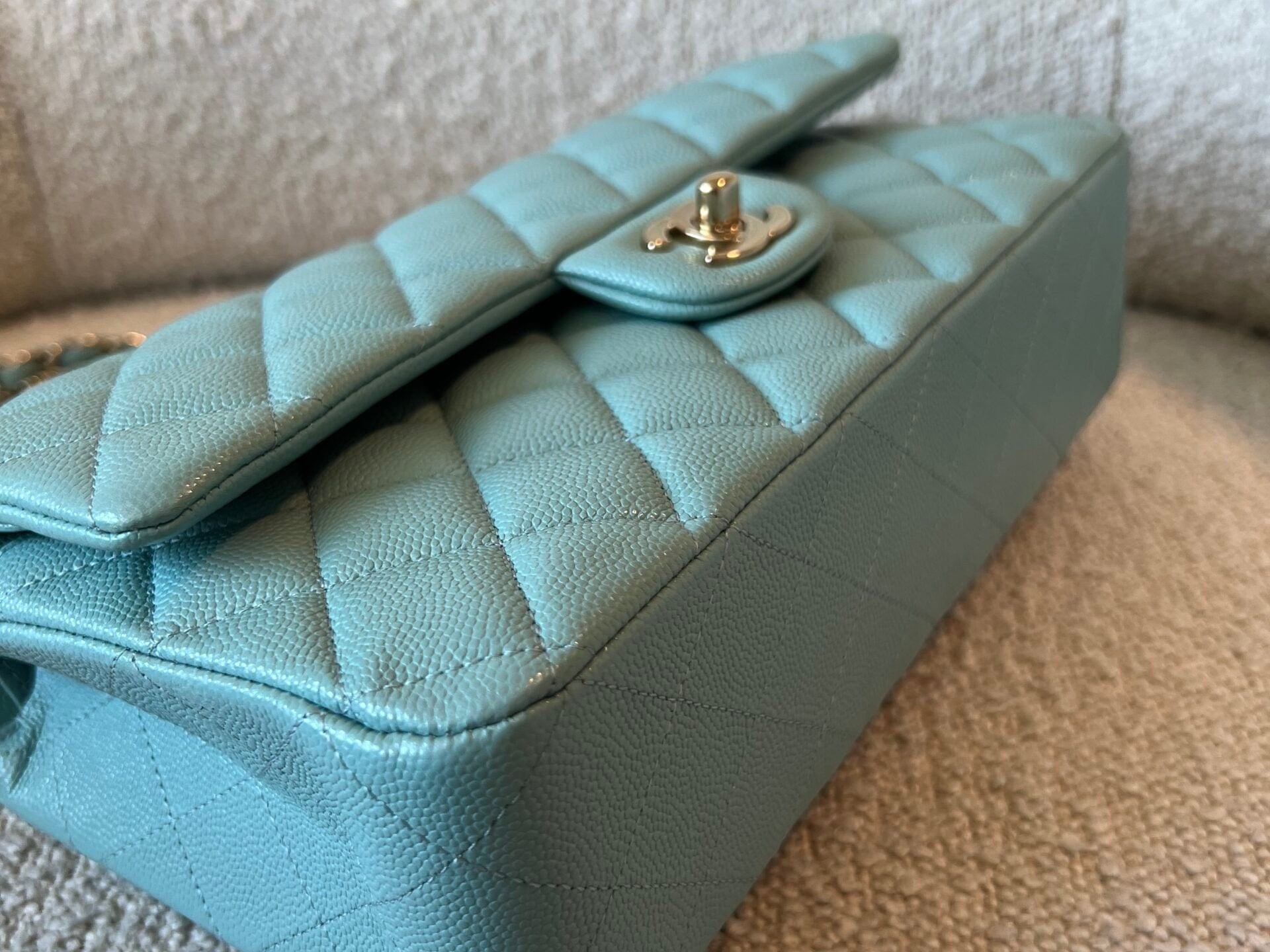 CHANEL Handbag 20C Tiffany Blue Caviar Quilted Classic Double Flap Medium Light Gold Hardware - Redeluxe