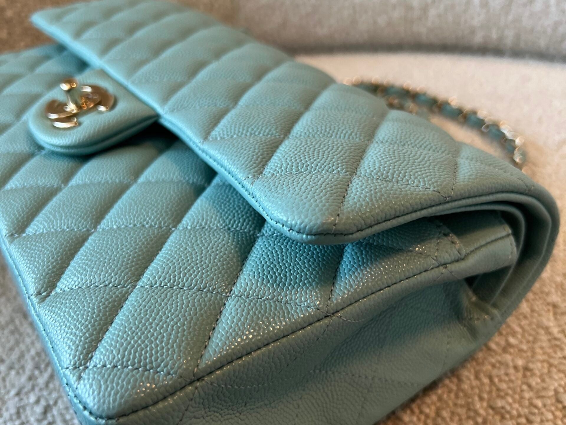 CHANEL Handbag 20C Tiffany Blue Caviar Quilted Classic Double Flap Medium Light Gold Hardware - Redeluxe