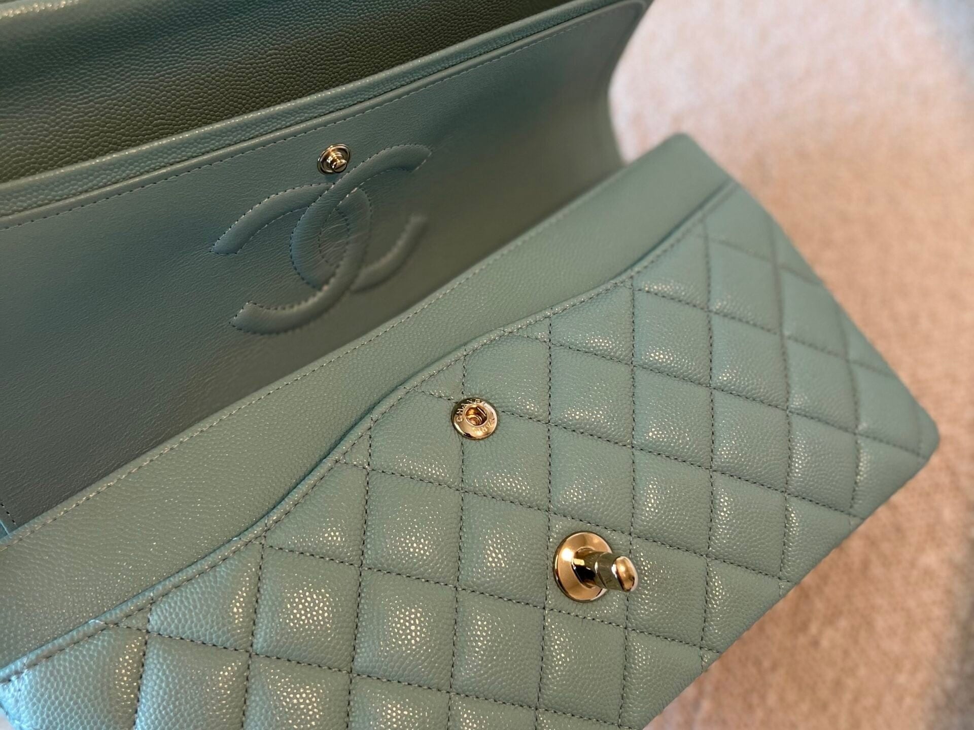 CHANEL Handbag 20C Tiffany Blue Caviar Quilted Classic Double Flap Medium Light Gold Hardware - Redeluxe