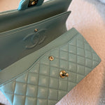 CHANEL Handbag 20C Tiffany Blue Caviar Quilted Classic Double Flap Medium Light Gold Hardware - Redeluxe
