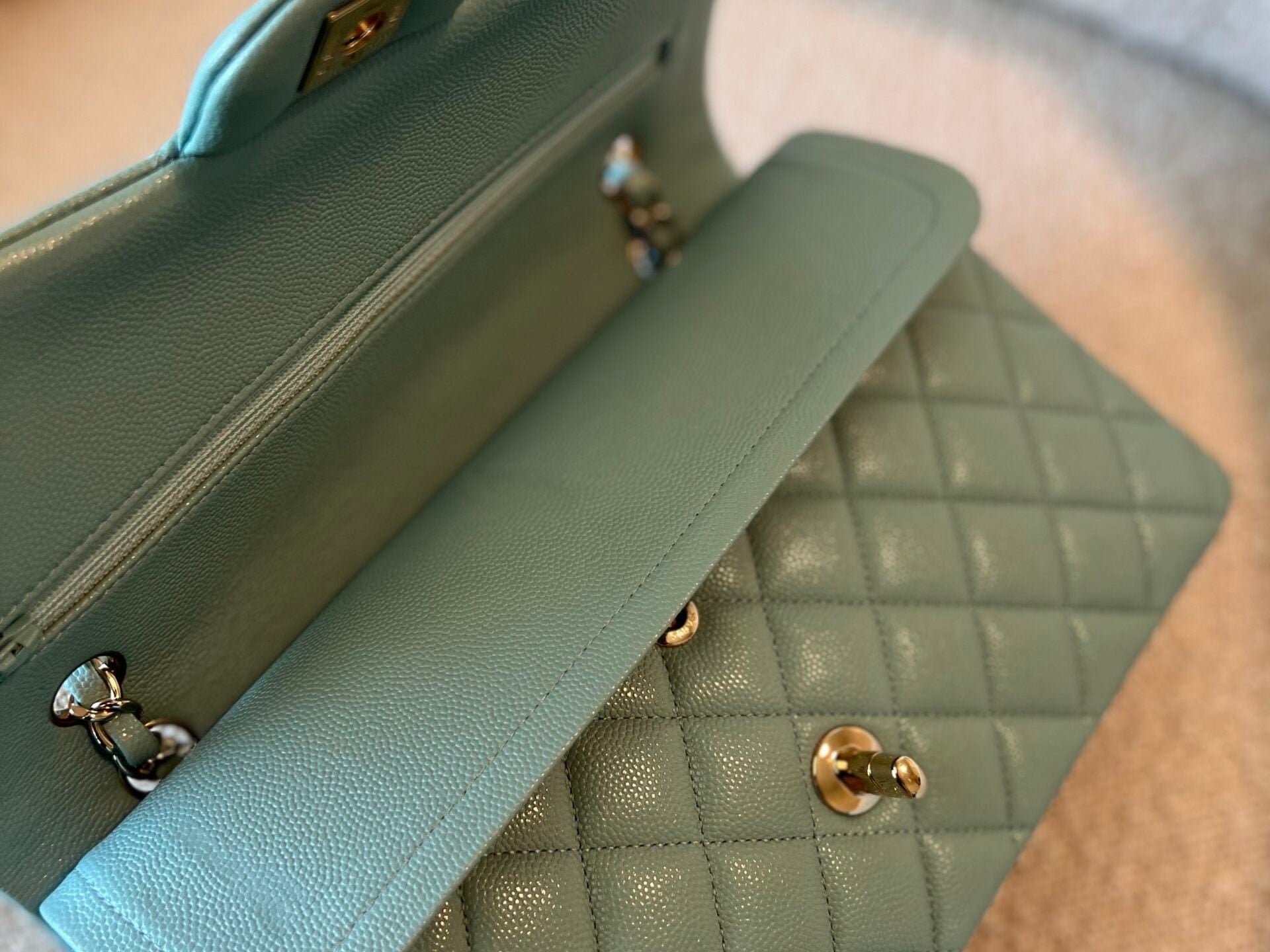 CHANEL Handbag 20C Tiffany Blue Caviar Quilted Classic Double Flap Medium Light Gold Hardware - Redeluxe