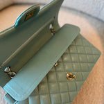 CHANEL Handbag 20C Tiffany Blue Caviar Quilted Classic Double Flap Medium Light Gold Hardware - Redeluxe