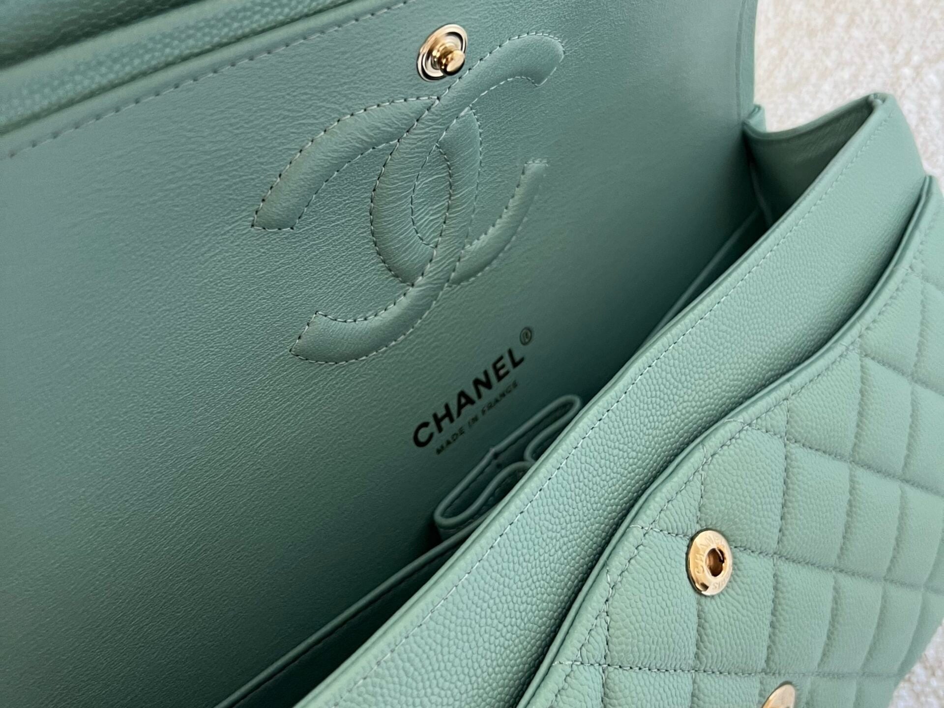 CHANEL Handbag 20C Tiffany Blue Caviar Quilted Classic Double Flap Medium Light Gold Hardware - Redeluxe