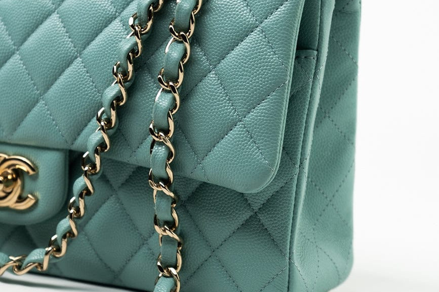 CHANEL Handbag 20C Tiffany Blue Caviar Quilted Classic Flap Medium Light Gold Hardware - Redeluxe